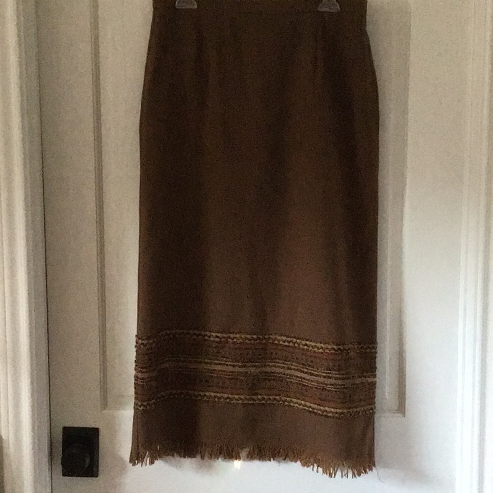 Cocoa brown with orange, gold and brown intricate trim perfect boot skirt.